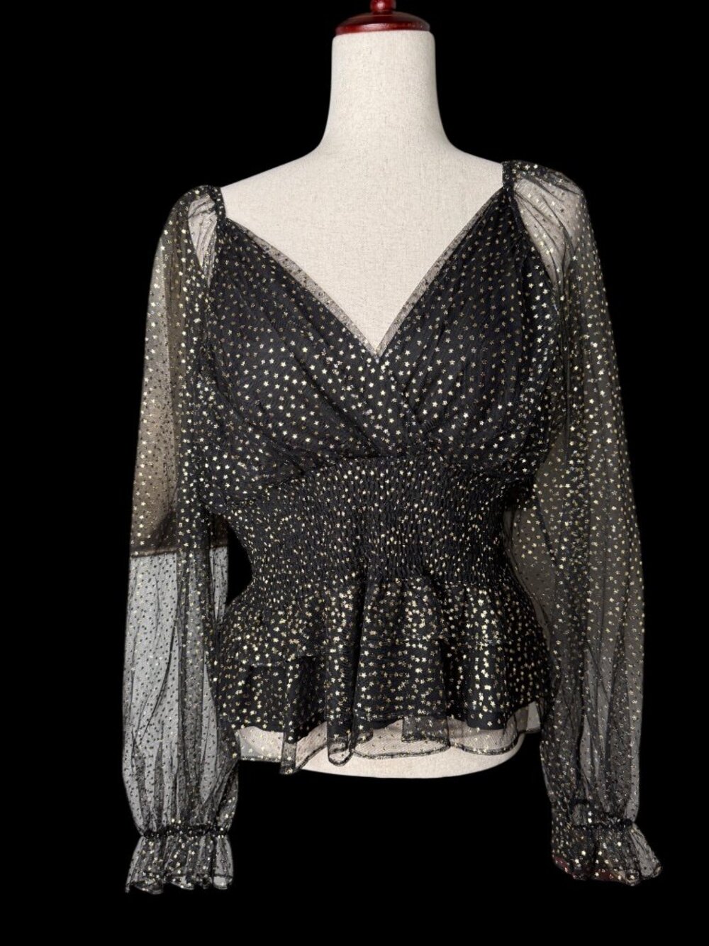 Whimsigoth Blk Star Mesh Smocked Top Sheer Balloon Sleeve Celestial Romantic 2x